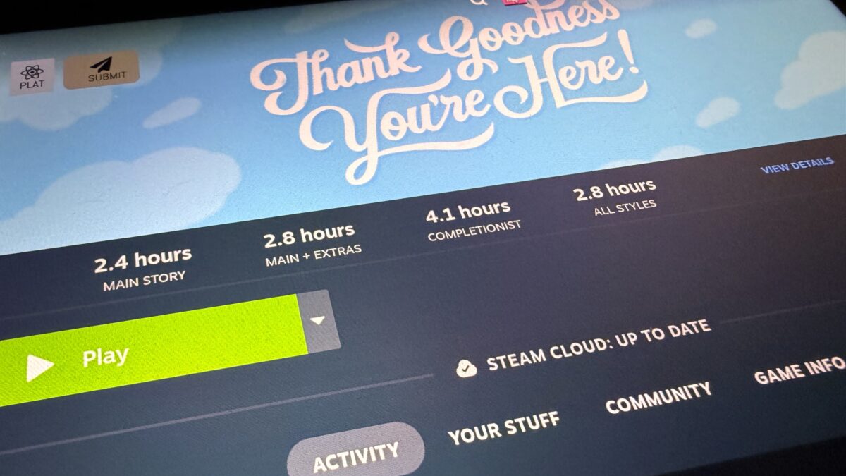 Экран Steam Deck с выбором деятельности и временем игры Steam Deck