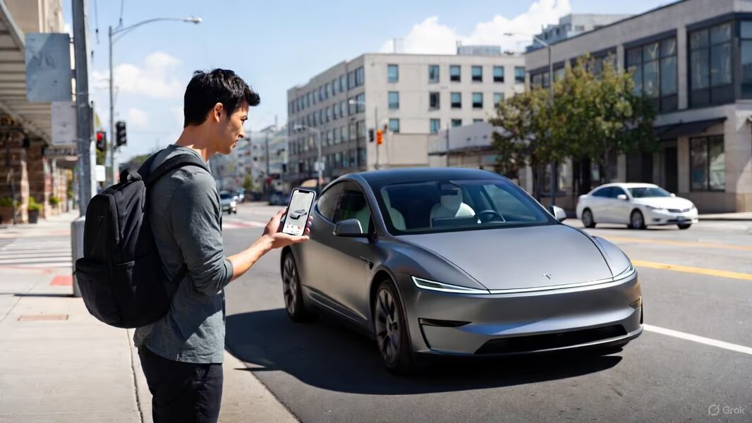 Молодой человек в серой куртке с рюкзаком стоит на тротуаре и фотографирует серый электромобиль Tesla Model 3
