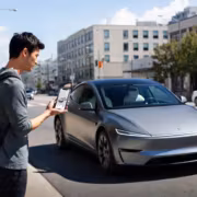 Молодой человек в серой куртке с рюкзаком стоит на тротуаре и фотографирует серый электромобиль Tesla Model 3
