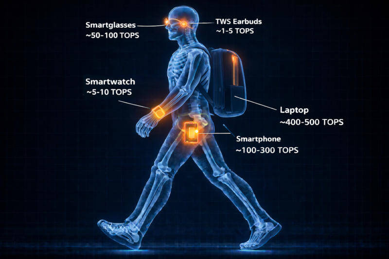 Человек с различными гаджетами и их мощностью ТOPS