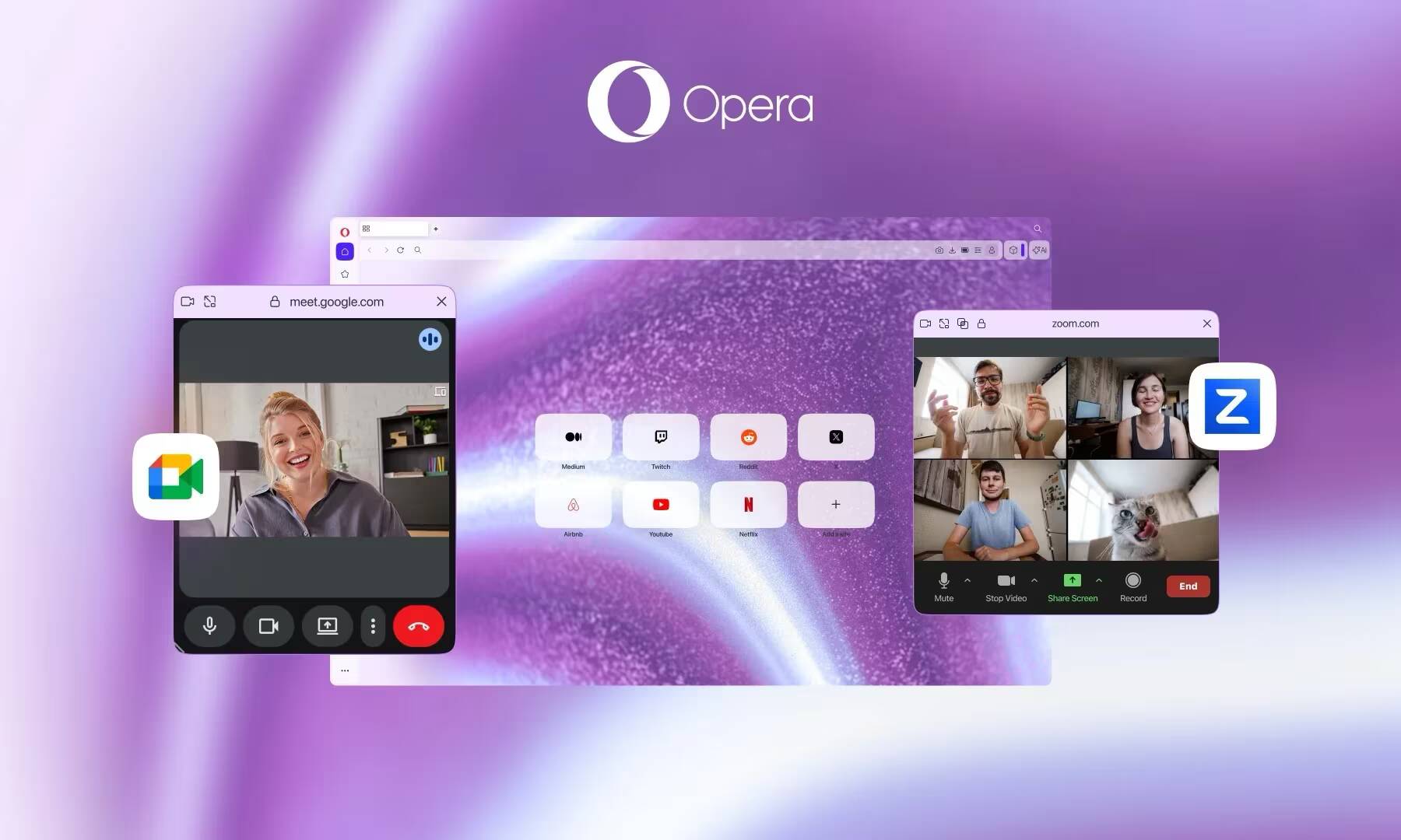 видеозвонки в Opera One с Zoom Google Meet и Zoom