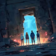 Группа людей у древних разрушенных ворот VOYAGE