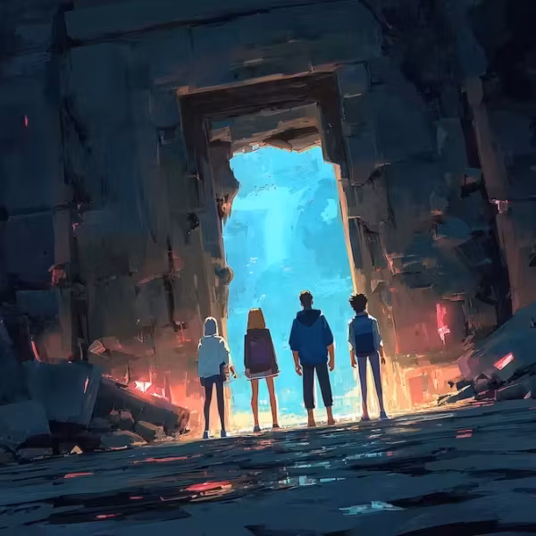 Группа людей у древних разрушенных ворот VOYAGE