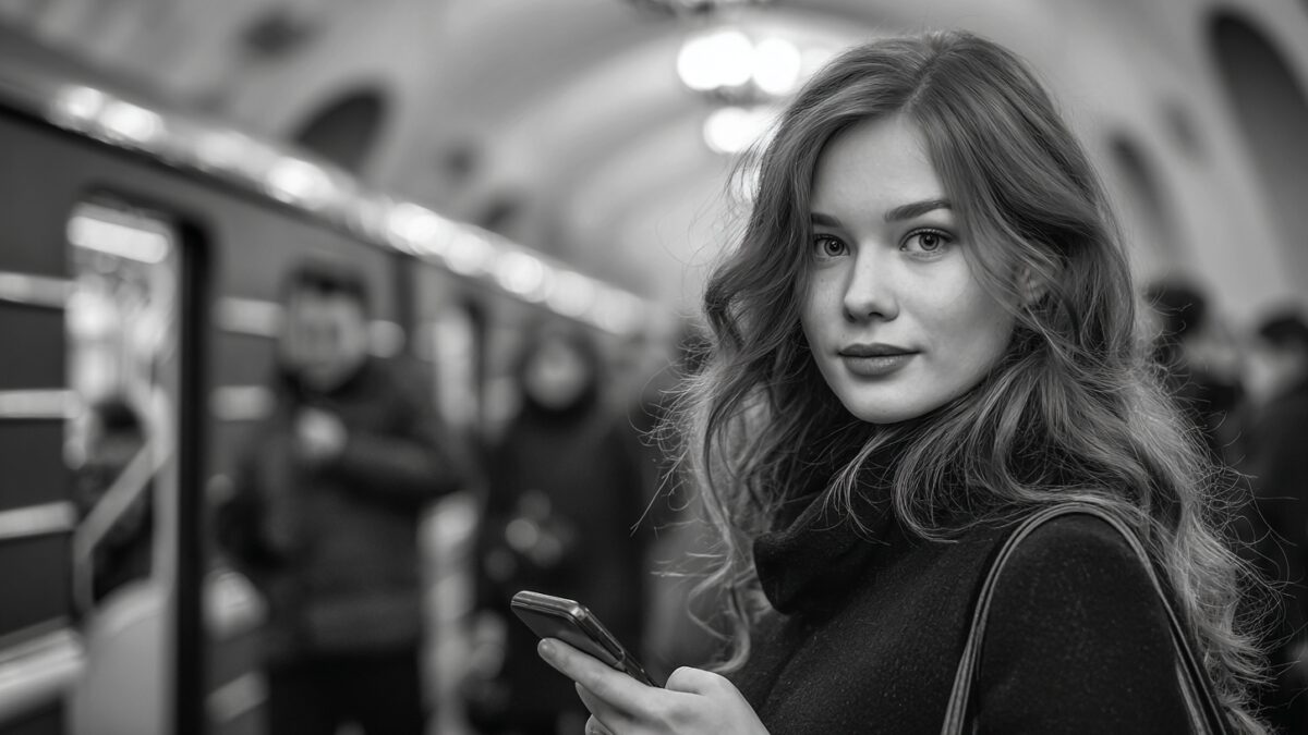 Девушка в метро с телефоном интернет в метро Москвы