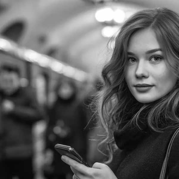 Девушка в метро с телефоном интернет в метро Москвы