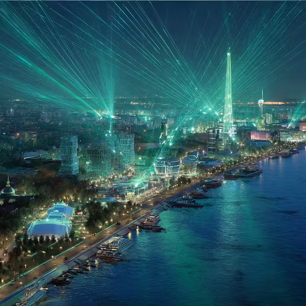 Ночной город Нижний Новгород с лазерным шоу МегаФон 5G