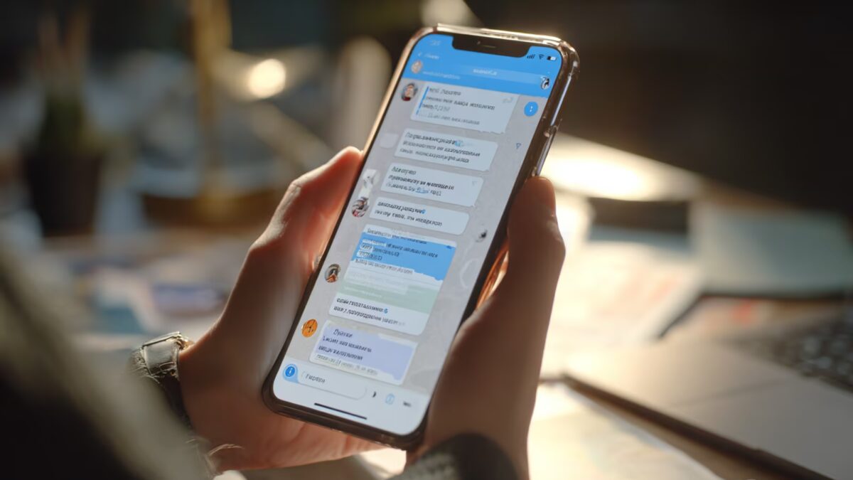 Человек держит iPhone, показывает Telegram чат на экране