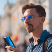 Мужчина в солнечных очках держит смартфон Россияне выбирают смартфоны по батарее а не по ИИ