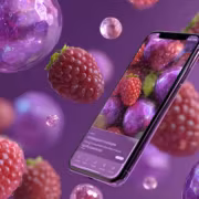 смартфон iPhone окружён ягодами и фиолетовыми шариками