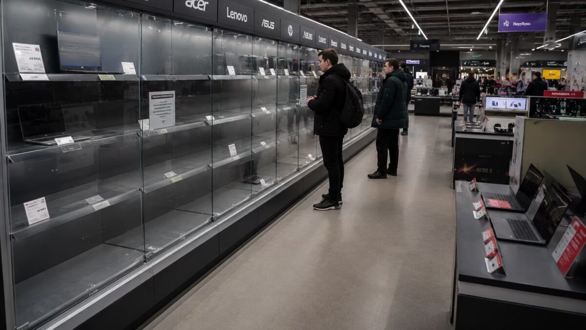 Пустые витрины с ноутбуками и SSD в магазине