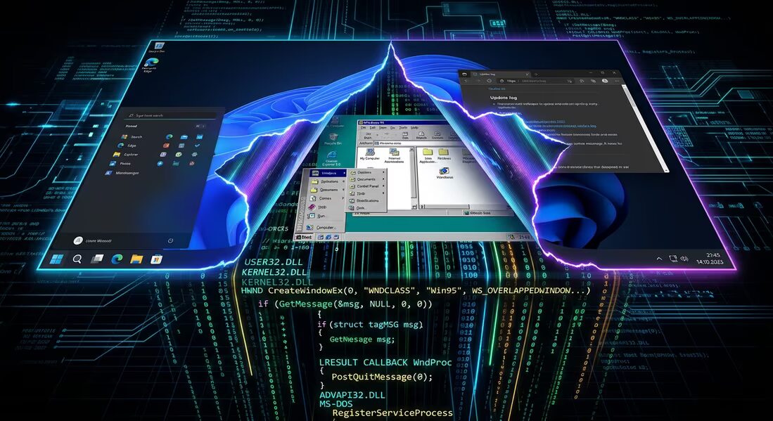 Отрывок кода Windows 11 и изображение компьютера