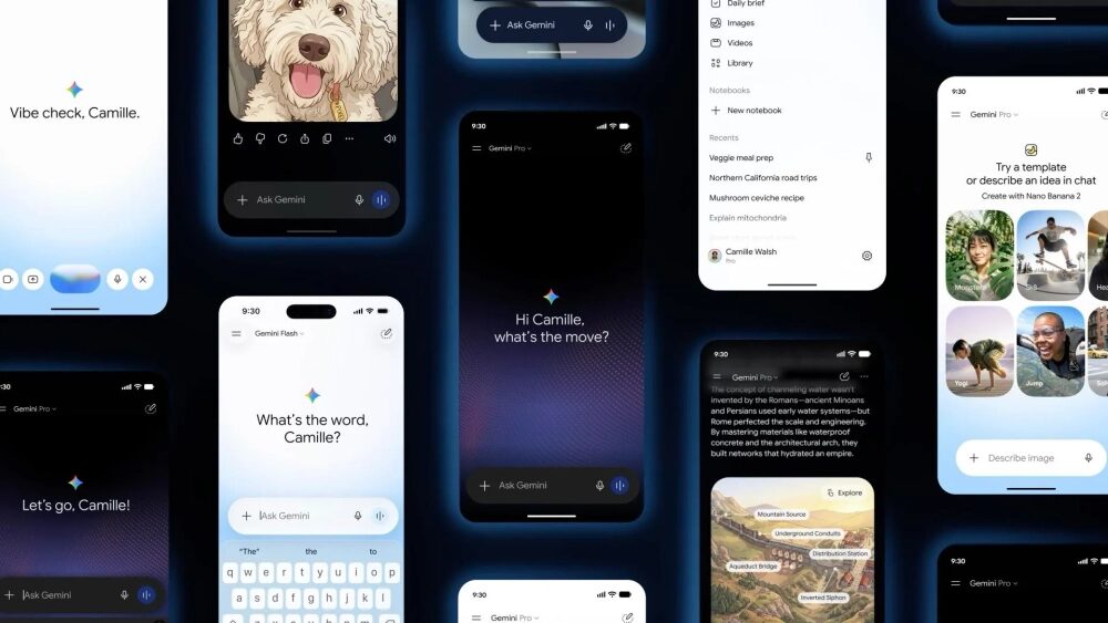 Множество скринов интерфейсов Google Gemini Pro с вопросами и диалогами