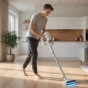 молодой человек с пылесосом Xiaomi Mijia Vacuum Cleaner 4 в гостиной