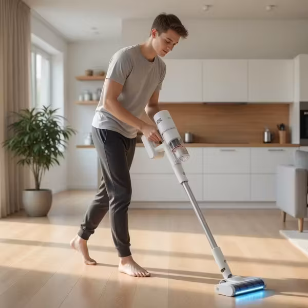 молодой человек с пылесосом Xiaomi Mijia Vacuum Cleaner 4 в гостиной