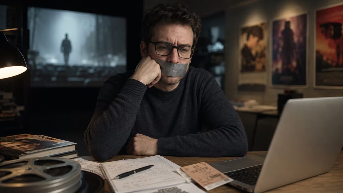 Мужчина сидит за столом рядом с ноутбуком и кинофильмами