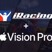 Логотип iRacing и Apple Vision Pro на фоне гонок