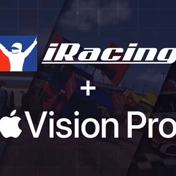 Логотип iRacing и Apple Vision Pro на фоне гонок