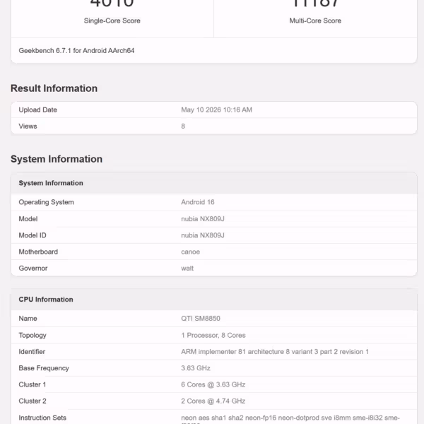 Результаты теста Geekbench для Nubia NX809J