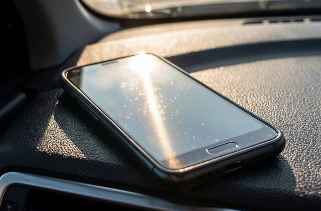смартфон Samsung Galaxy лежит на поверхностном чехле автомобиля
