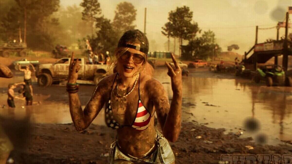 Девушка в грязи в купальнике с Американским флагом Grand Theft Auto 6