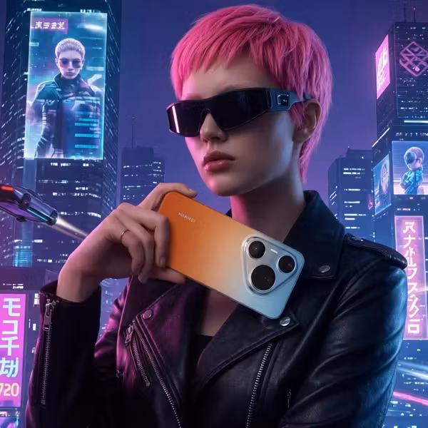 Женщина с розовыми волосами и смартфоном Huawei Pura 90 Pro в неоновом городе