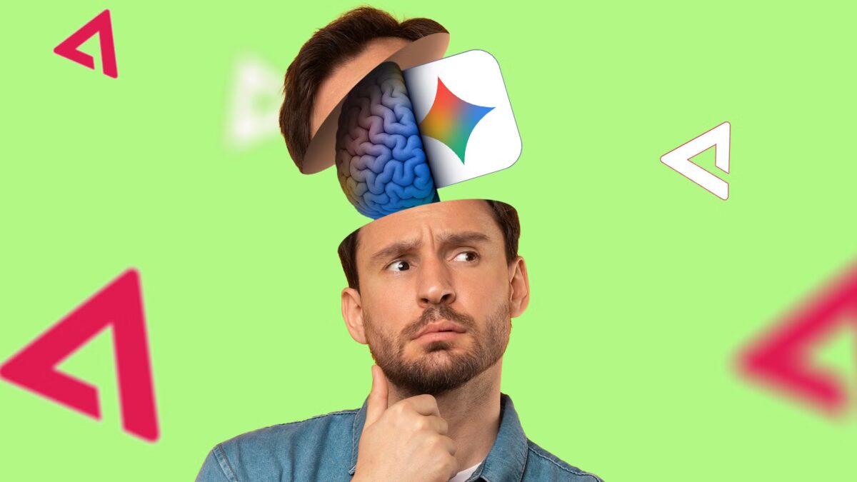 Мужчина думает о рекламе Google Gemini в голове мозг