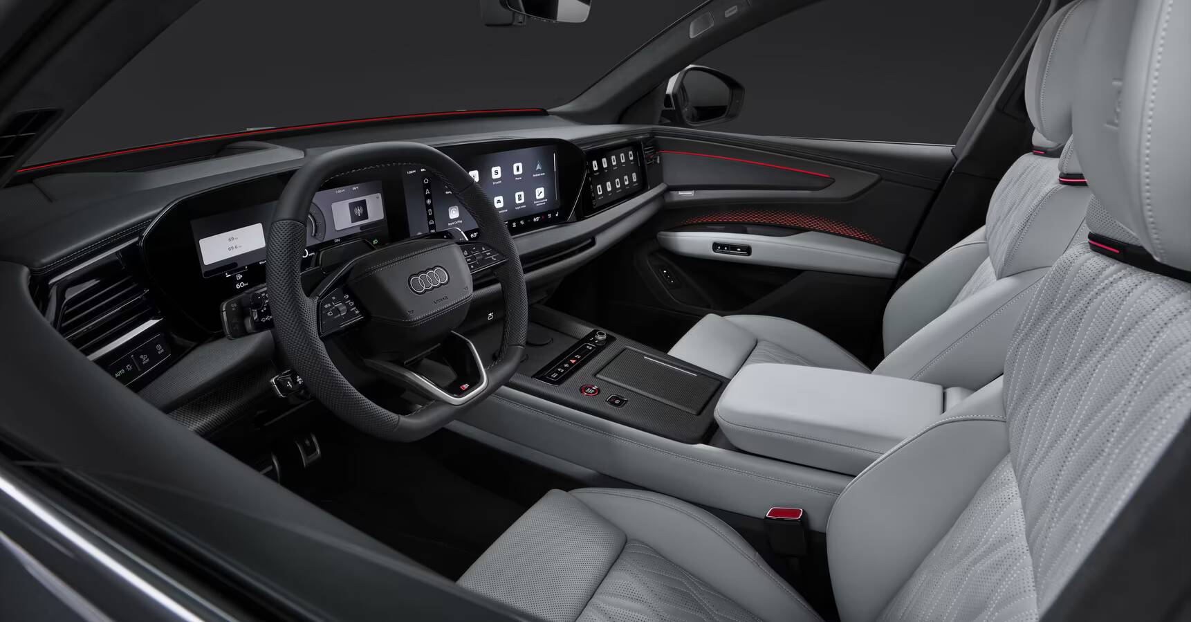 Салон Audi Q9 интерьер мягкие сиденья многоэкранная панель приборов