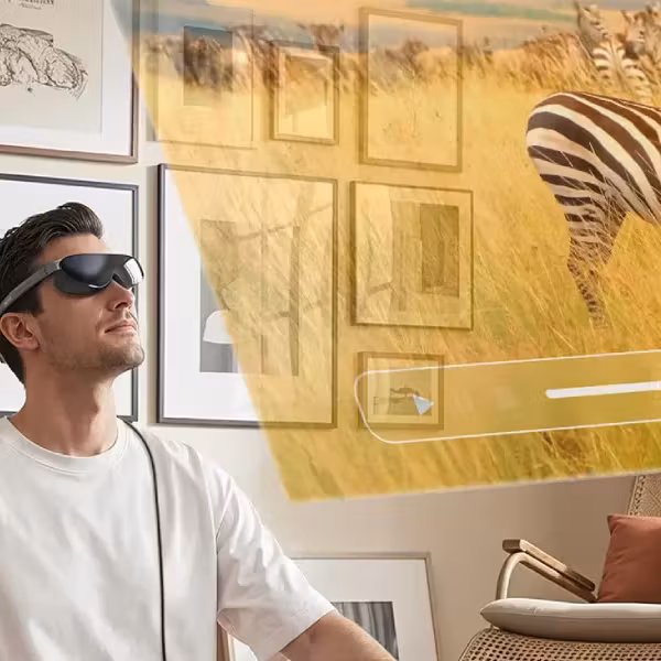 Мужчина в умных очках Acer и VR-очки в интерьере