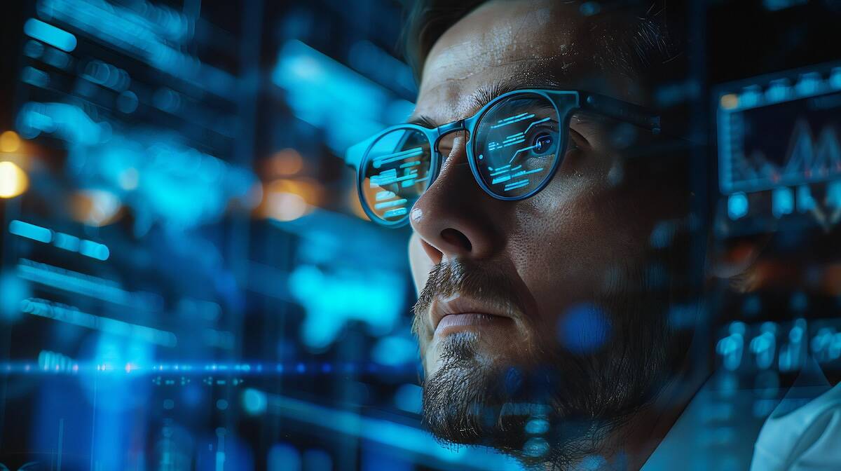 Человек в очках смотрит на серверные системы Nutanix