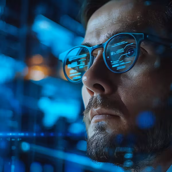 Человек в очках смотрит на серверные системы Nutanix