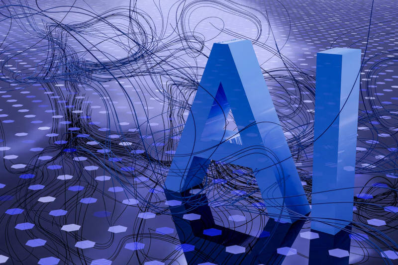 Большие голубые буквы AI на фоне цифровых линий