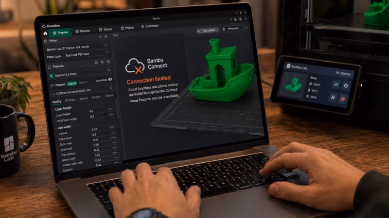 Экран ноутбука с ошибкой Bambu Connect и моделью XT-Carbon