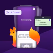 Экран Firefox 151 с выбором VPN и AI Control