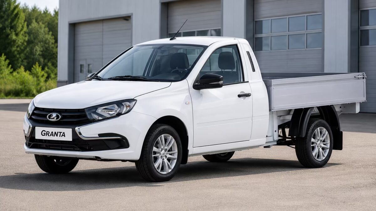 Белая грузовая машина Lada Granta с кузовом платформой