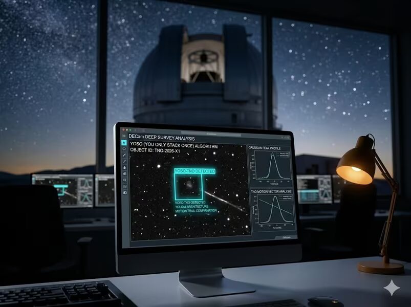 Монитор с анализом данных о космических объектах, telescope и лампа