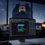 Монитор с анализом данных о космических объектах, telescope и лампа