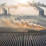 Загрязнённые дымом газовые электростанции и солнечные панели