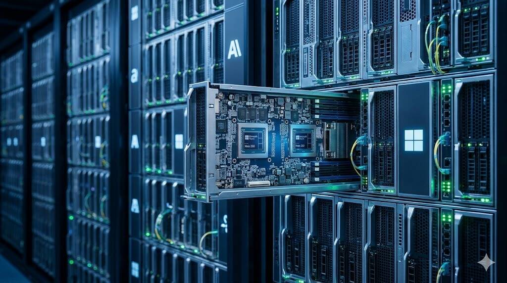 серверная комната с серверными стоиками и чипами Microsoft Maia