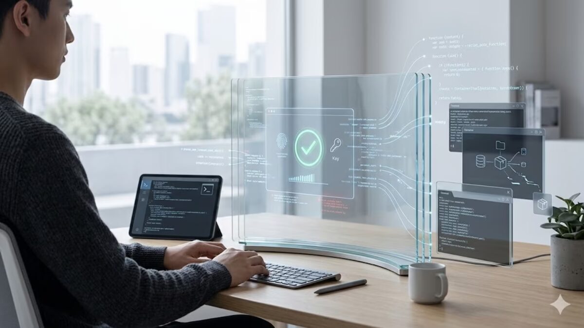 человек работает за компьютером с прозрачным экраном Linux ноутбук