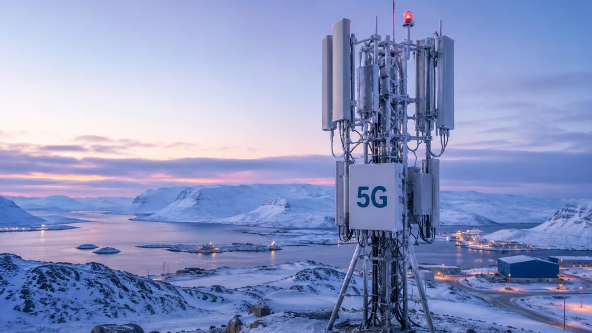 Метель и снежный пейзаж с мачтой 5G Мегафон