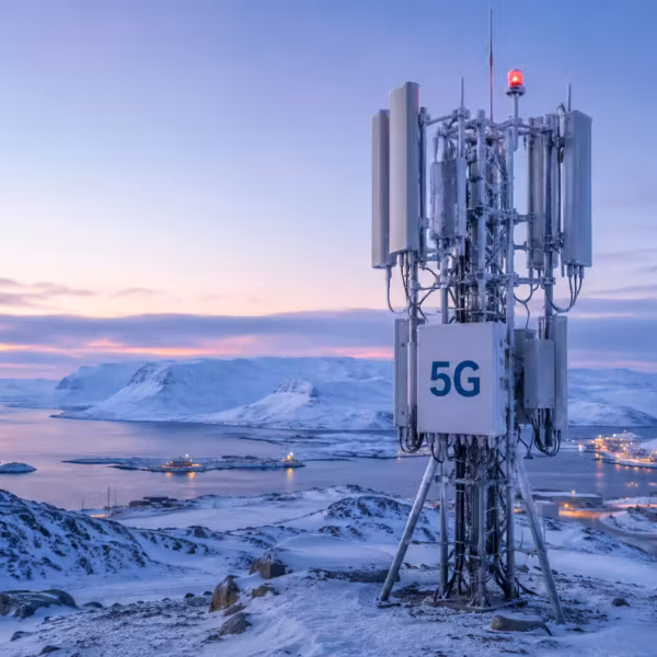 Метель и снежный пейзаж с мачтой 5G Мегафон