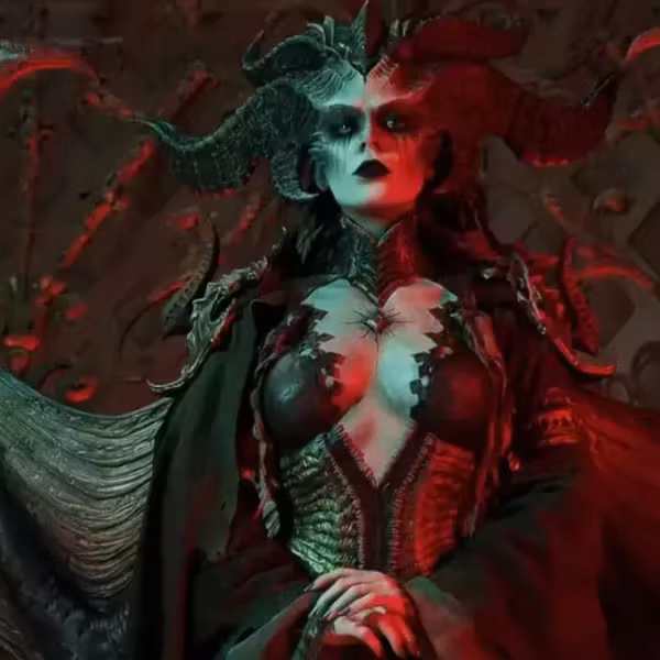Косплей Лилит из Diablo 4 от Cinderys с рогами и тёмным костюмом