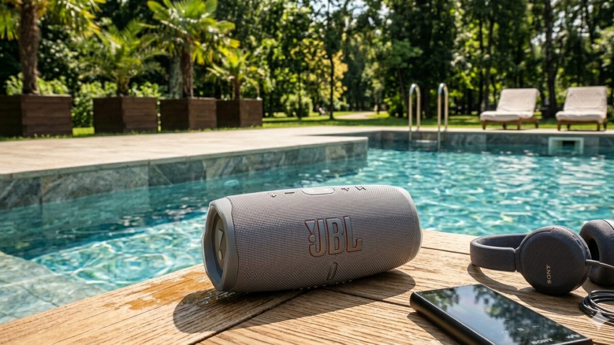 портативная колонка JBL у бассейна на деревянном столе