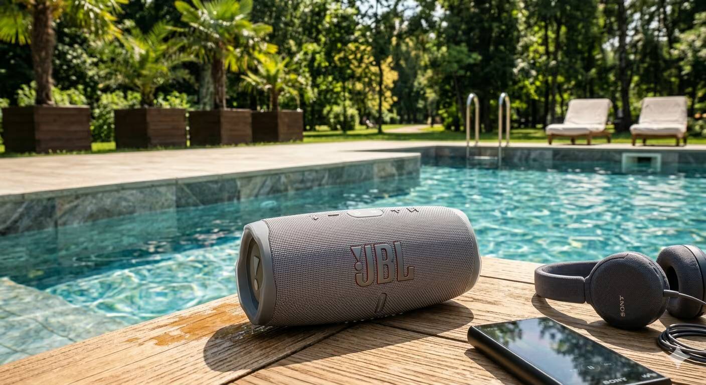 Топ-6 необходимых гаджетов для идеального лета 2 портативная колонка JBL у бассейна на деревянном столе