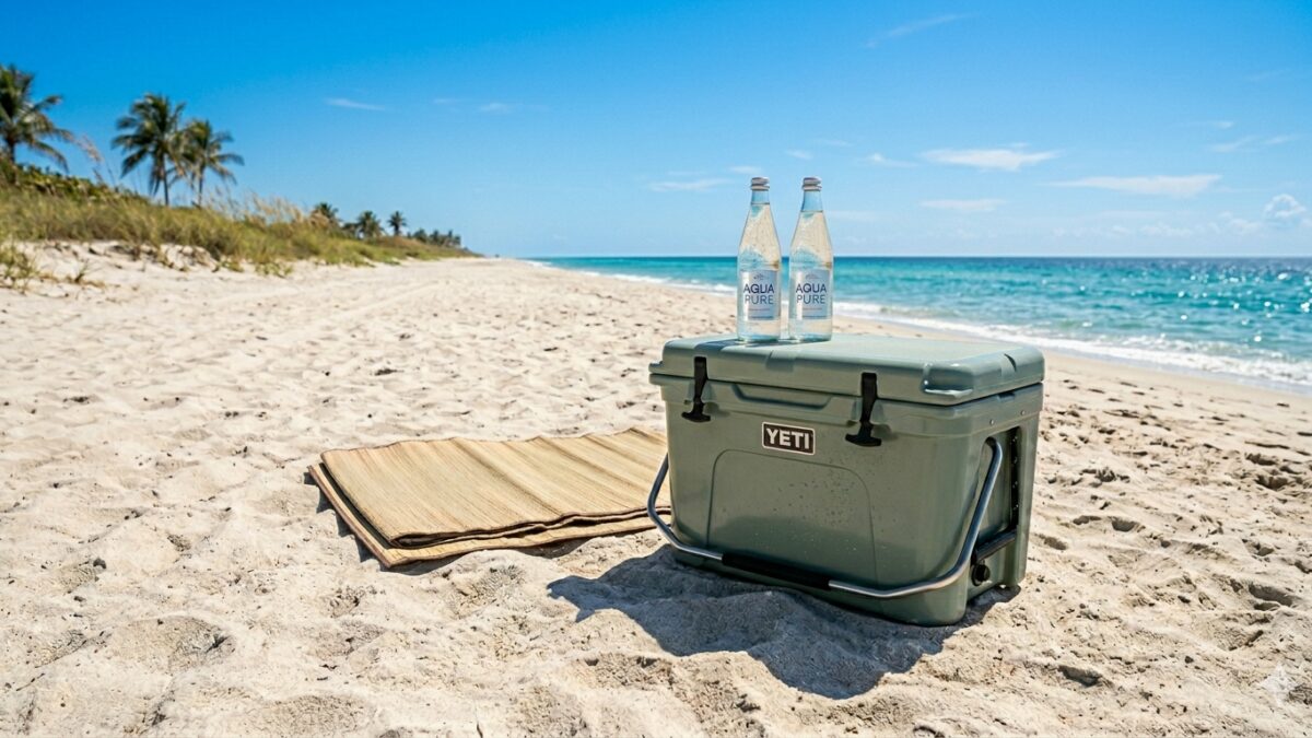 Холодильник YETI и две бутылки воды Aqua Pure на песке