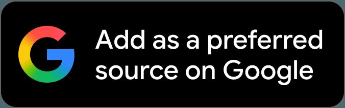 Кнопка Google Add as a preferred source на черном фоне с цветным логотипом Google