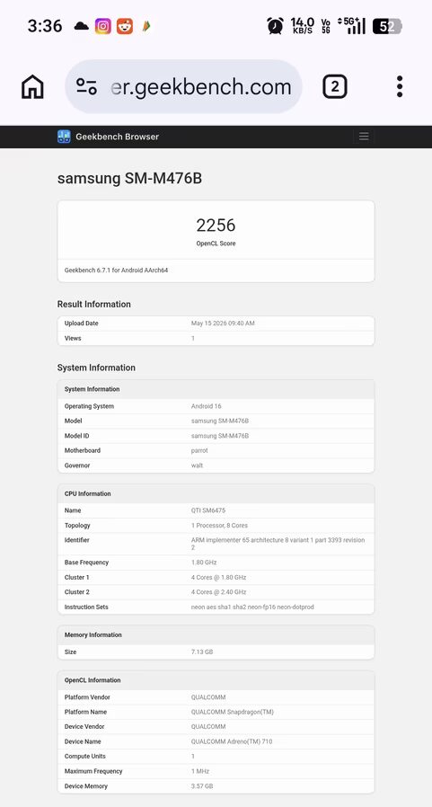 Панель результатов Geekbench для Samsung SM-M476B с рейтингом 2256
