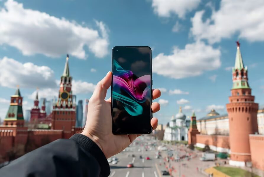 Мужчина держит смартфон в руках перед Кремлём