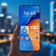 Мужчина держит смартфон Huawei с HarmonyOS 6 на экране