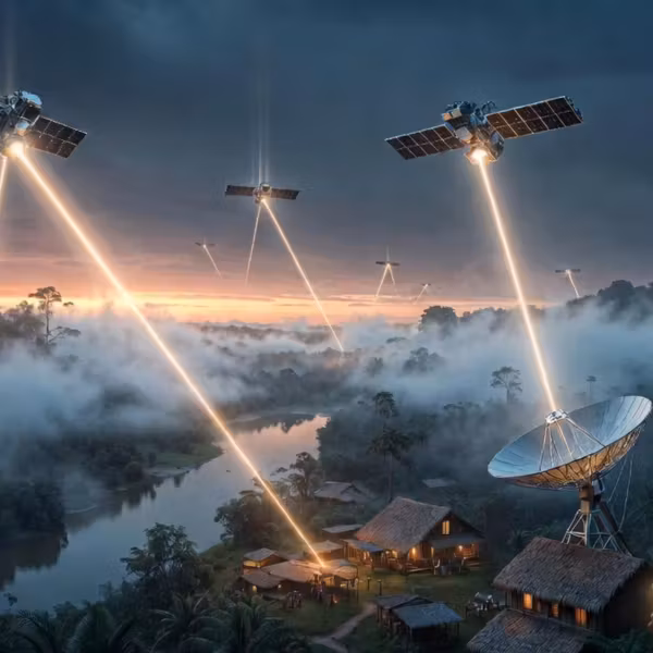 Спутники Starlink над деревьями и домами в Амазонии